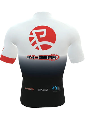 White and black cycling jersey with red logo on a white background