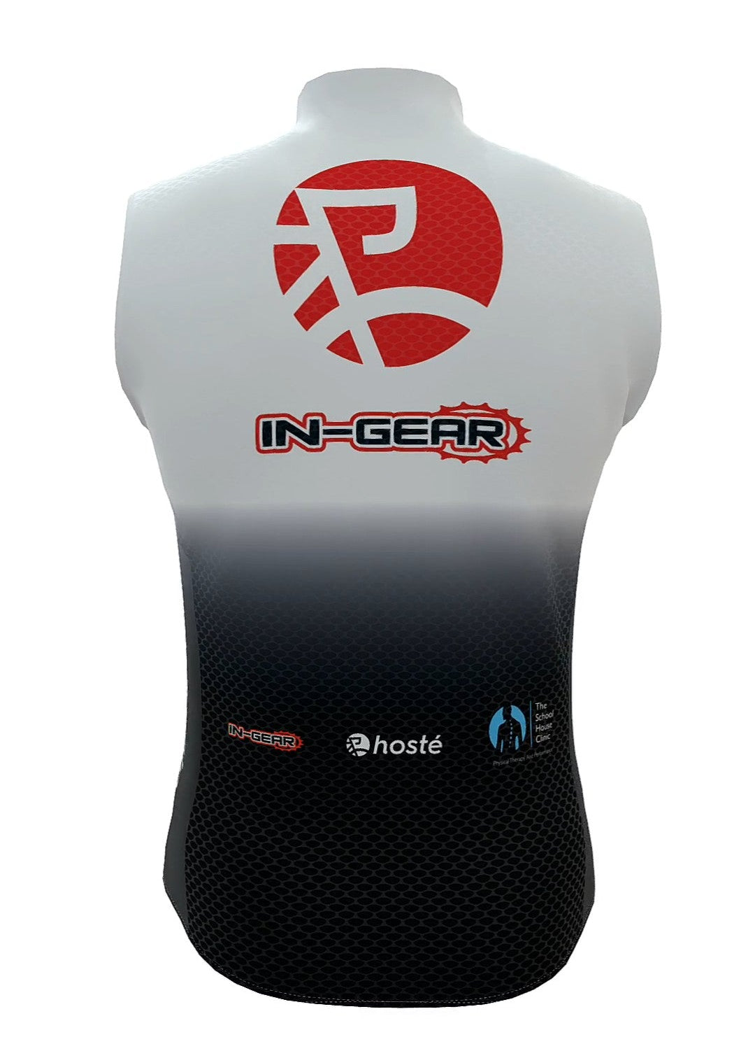 Mannequin wearing a sleeveless sports top with branding on a white background