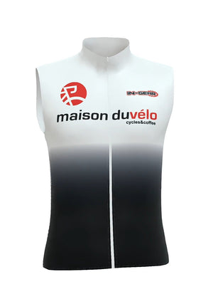 White and black cycling vest with 'maison duvelo' branding on a white background